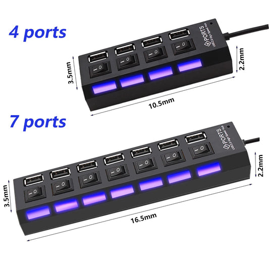Hub Usb 2.0 a 7 Porte Con Alimentazione Esterna e Interruttore Espansore per Pc e Periferiche