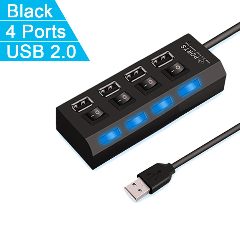 Espansore Usb Hub 2.0 Ad Alta Velocità Con 4 Porte E Interruttore Led Per Pc Portatile