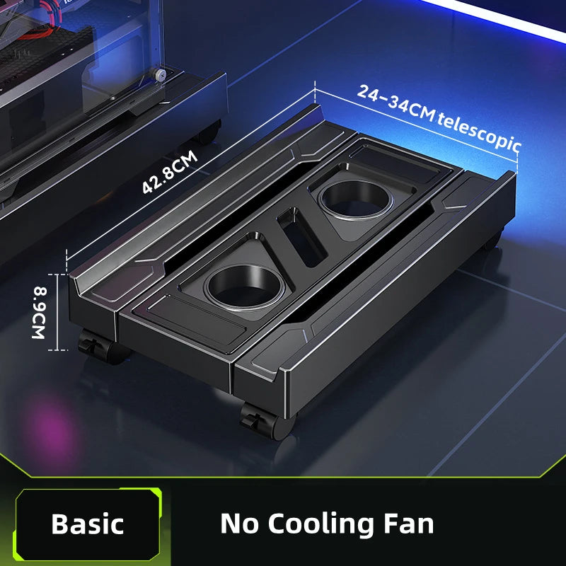 Supporto per torre per PC mobile Supporto per CPU per computer regolabile Supporto da tavolo telescopico Carrello per CPU con ventola di raffreddamento RGB Dissipazione del calore