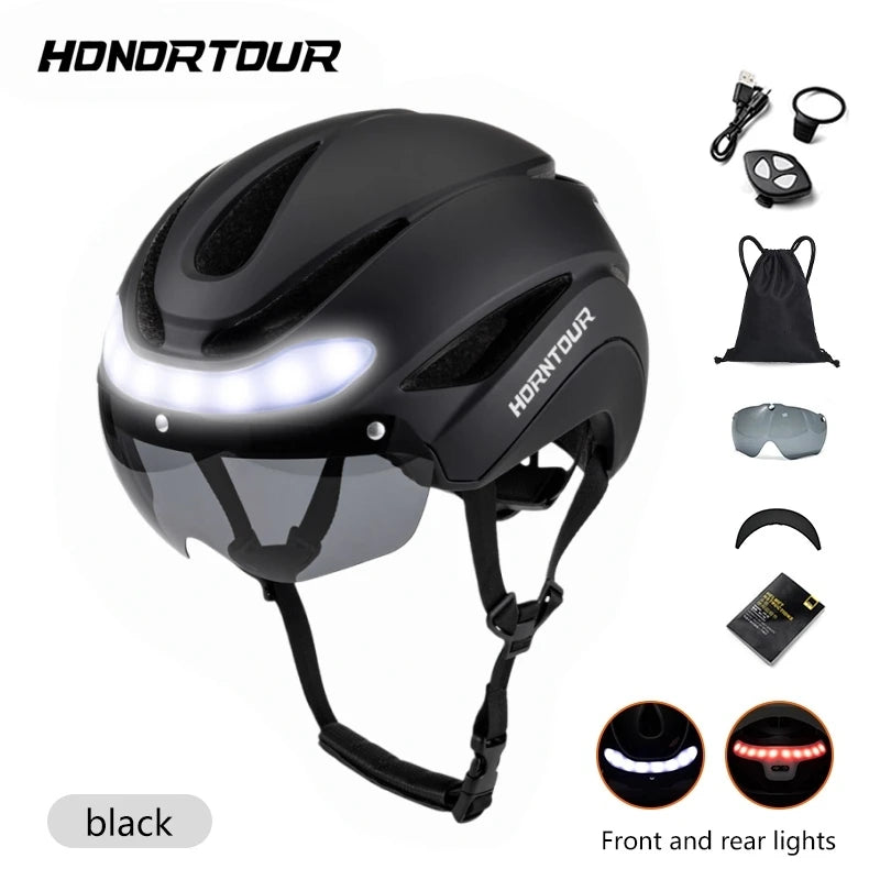 Casco Da Bicicletta Horntour HT-16 Con Luci Led Frontali e Posteriori Segnali Leggero Certificato CE