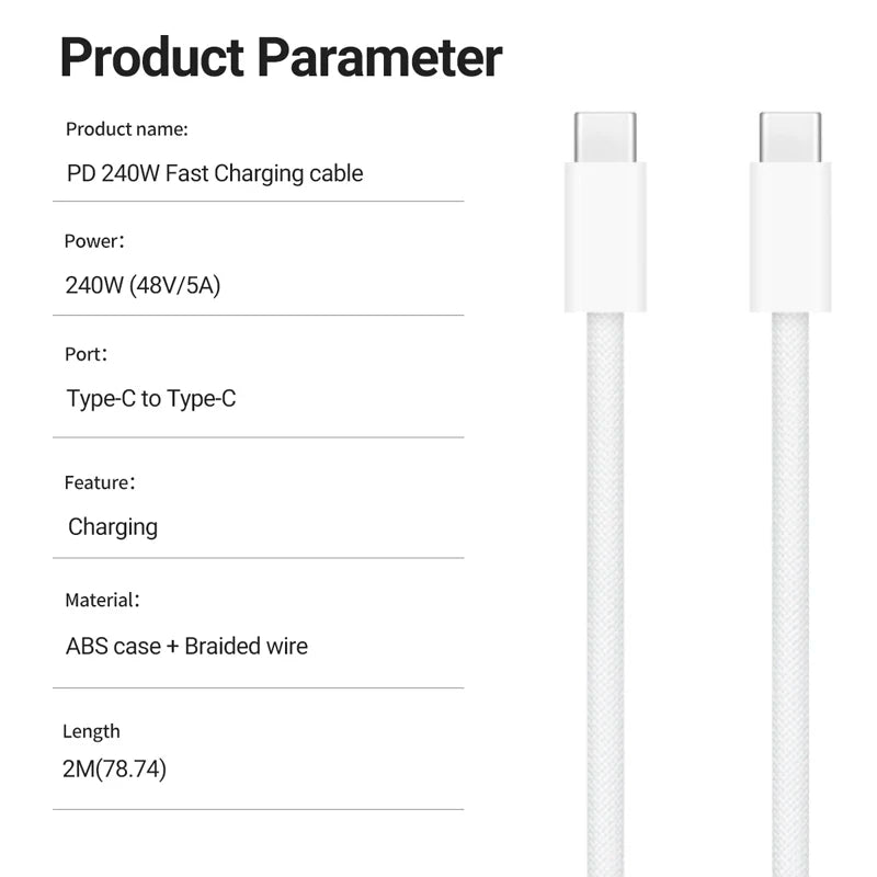 Cavo di ricarica USB-C a USB-C da 240W, Cavo PD intrecciato a ricarica rapida per iPhone 15 16 17E 17 Max, iPad Air, MacBook Pro, ASUS, DELL