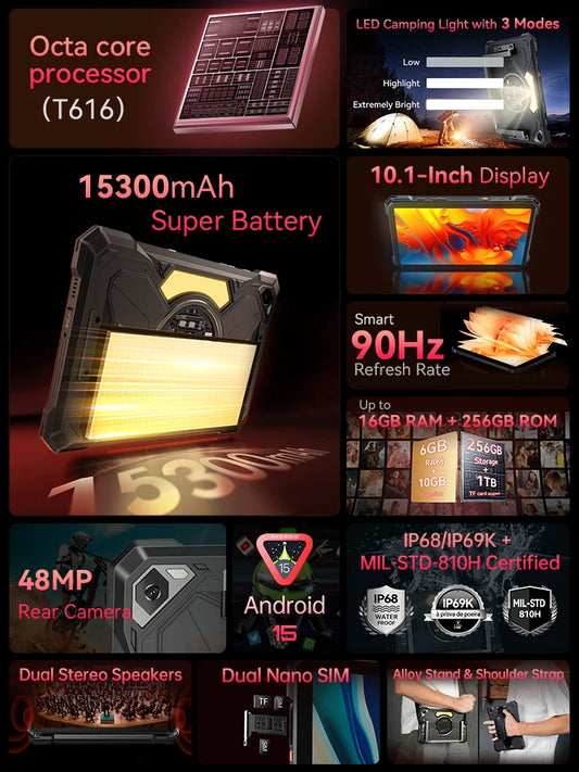 Tablet Android Cubot Tab Kingkong S 10,1 pollici, Batteria 15300 mAh, 6 Gb Ram, 256 Gb Storage, Fotocamera 48 Mp