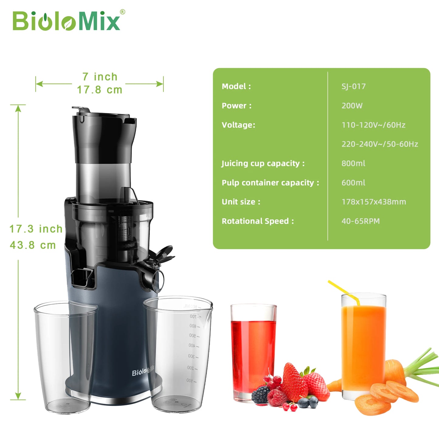 BioloMix Spremiagrumi A Freddo Estrattore Di Succo A Masticazione Lenta Da 200W Per Frutta Intera