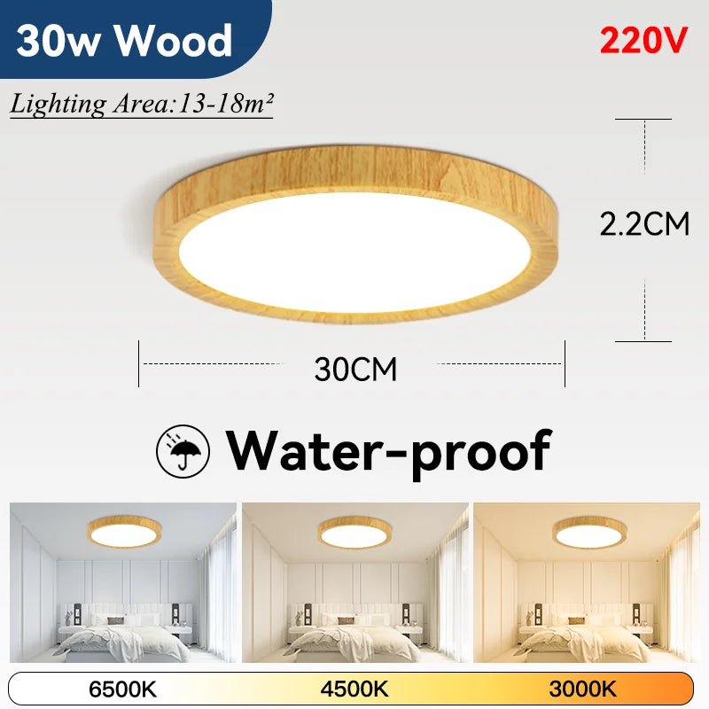 Plafoniera LED Ultra Sottile 2,2 Cm Impermeabile Con Venature Del Legno, 3 Colori Dimmerabili