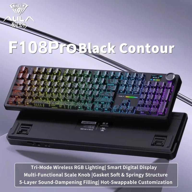 AULA F108 PRO Tastiera meccanica Layout personalizzato al 100% Retroilluminazione RGB Tastiera da gioco con interruttore Hifi Bluetooth senza fili