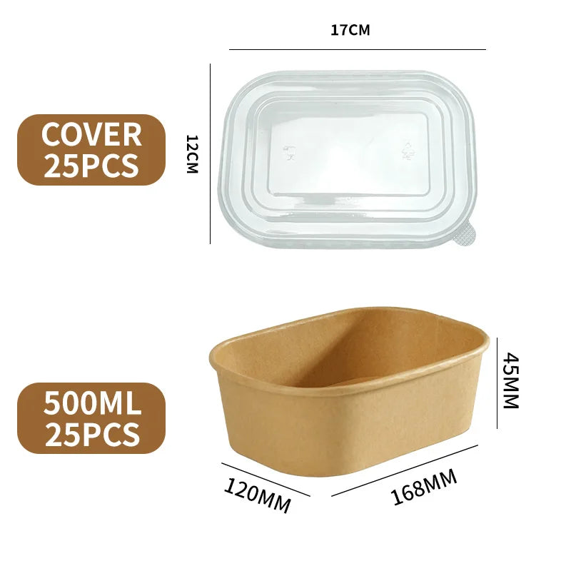 25 pz/set Scatole di Carta Kraft Usa E Getta Scatole per il Pranzo con Coperchi Ciotole per Imballaggio di Fast Food Bento Box per la Catering Da Asporto