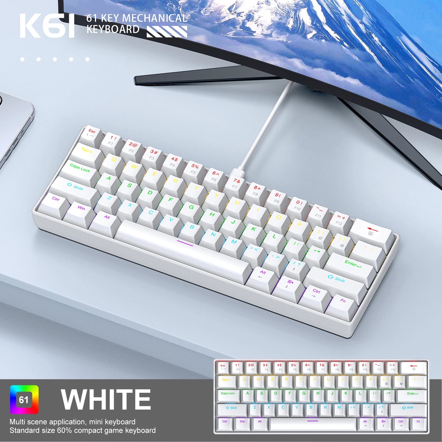 Tastiera Meccanica Portatile A 61 Tasti Cablata Con RGB Phantom Risposta Gaming Design Ergonomico Per Ufficio E Giochi