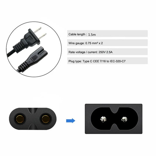 Cavo di alimentazione UE 2pin IEC320 C7 US Cavo di prolunga di alimentazione per caricabatterie portatile Dell Canon Epson Stampante Radio Altoparlante PS4 XBOX LG Sony