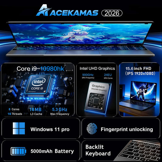 Laptop Da Gioco 15,6 Pollici Con Intel Core I9 10980HK Windows 11 16GB RAM SSD 1TB/2TB Tastiera Retroilluminata Impronta