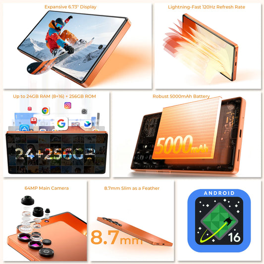 Smartphone OUKITEL C66 Android 16, Telefono 6.73” HD+ 24GB(8+16)+256GB, 5150mAh Dual 4G NFC, 120Hz, Fotocamera Principale 64MP