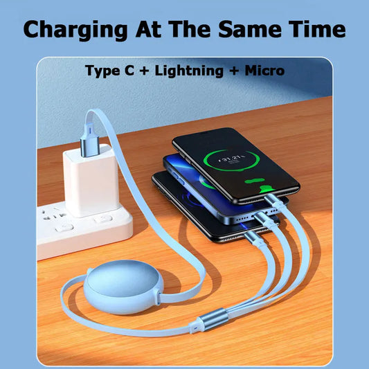 Cavo Retrattile 3 In 1 USB C Lightning Micro USB Ricarica Rapida 100 W 6 A 1,2 m Flessibile