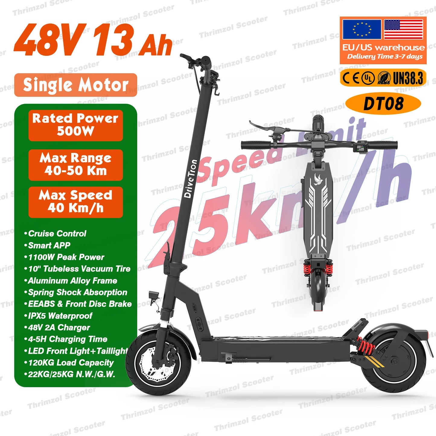 Scooter Elettrico Fat Tire Offroad 500W Freno A Disco Pieghevole Autonomia 40-60 Km 48V 36V 13Ah