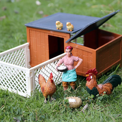 Oenux Farm House Modello Action Figures Agricoltore Moto Mucca Gallina Maiale Animali Set Figurine in miniatura PVC Simpatico giocattolo educativo per bambini