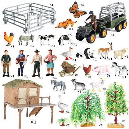 Oenux Farm House Modello Action Figures Agricoltore Moto Mucca Gallina Maiale Animali Set Figurine in miniatura PVC Simpatico giocattolo educativo per bambini