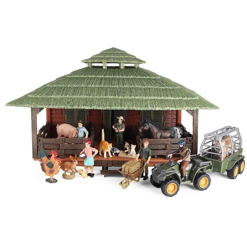 Oenux Farm House Modello Action Figures Agricoltore Moto Mucca Gallina Maiale Animali Set Figurine in miniatura PVC Simpatico giocattolo educativo per bambini