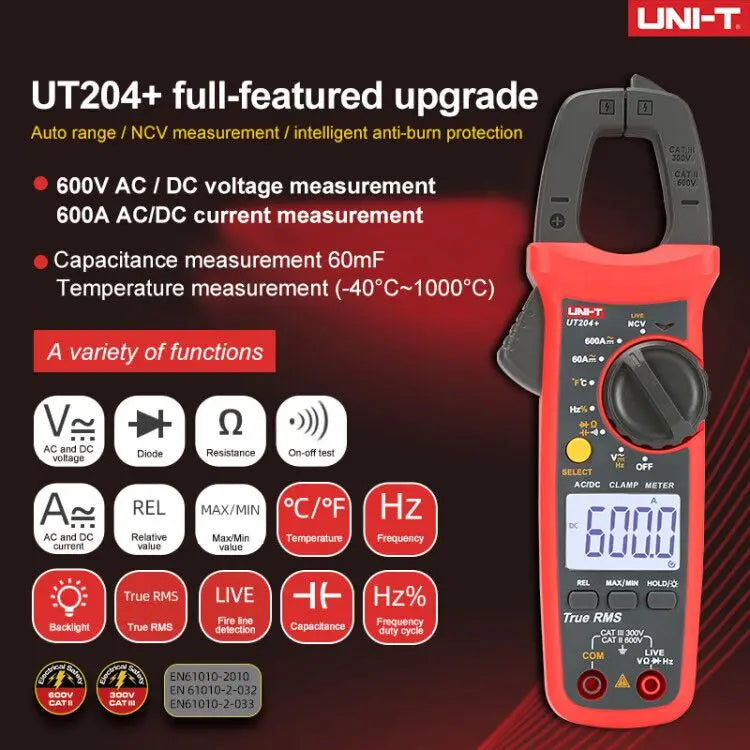 Uni-T Ut204 Ut202A Pinza Amperometrica 600A Morsetto NCV Multimetro Digitale Officina