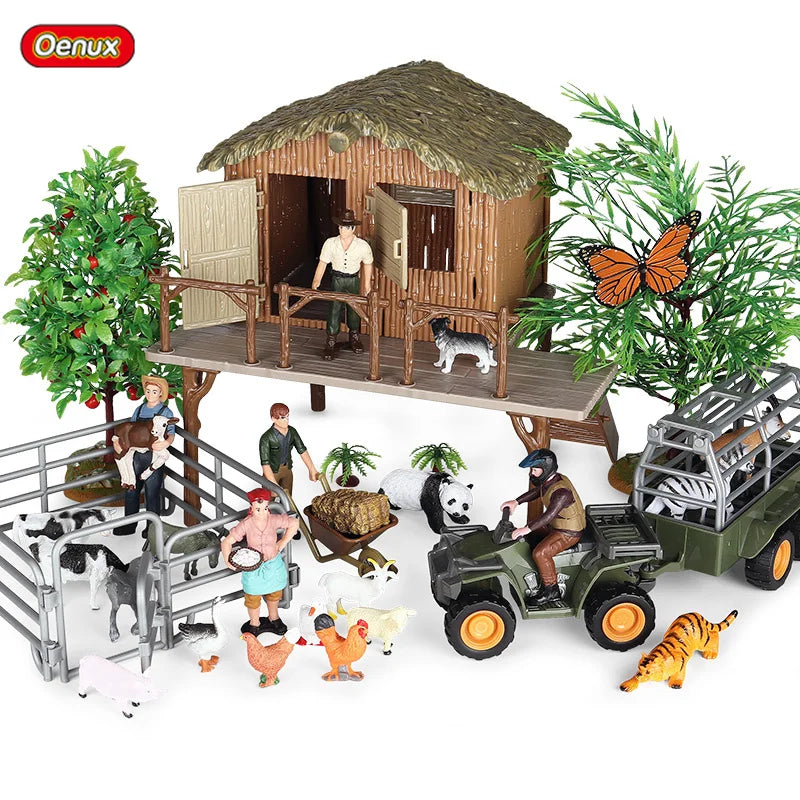 Oenux Farm House Modello Action Figures Agricoltore Moto Mucca Gallina Maiale Animali Set Figurine in miniatura PVC Simpatico giocattolo educativo per bambini