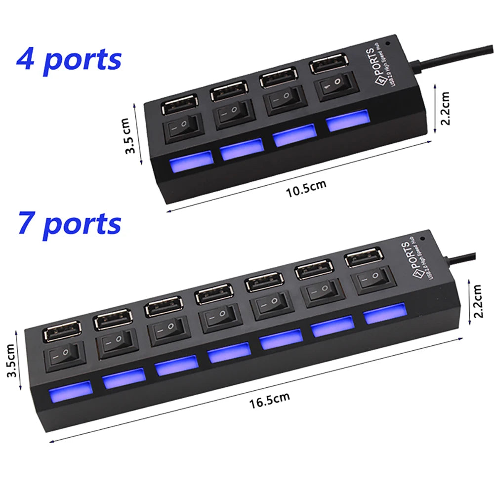 Hub Usb 2.0 a 7 Porte Con Alimentazione Esterna e Interruttore Espansore per Pc e Periferiche