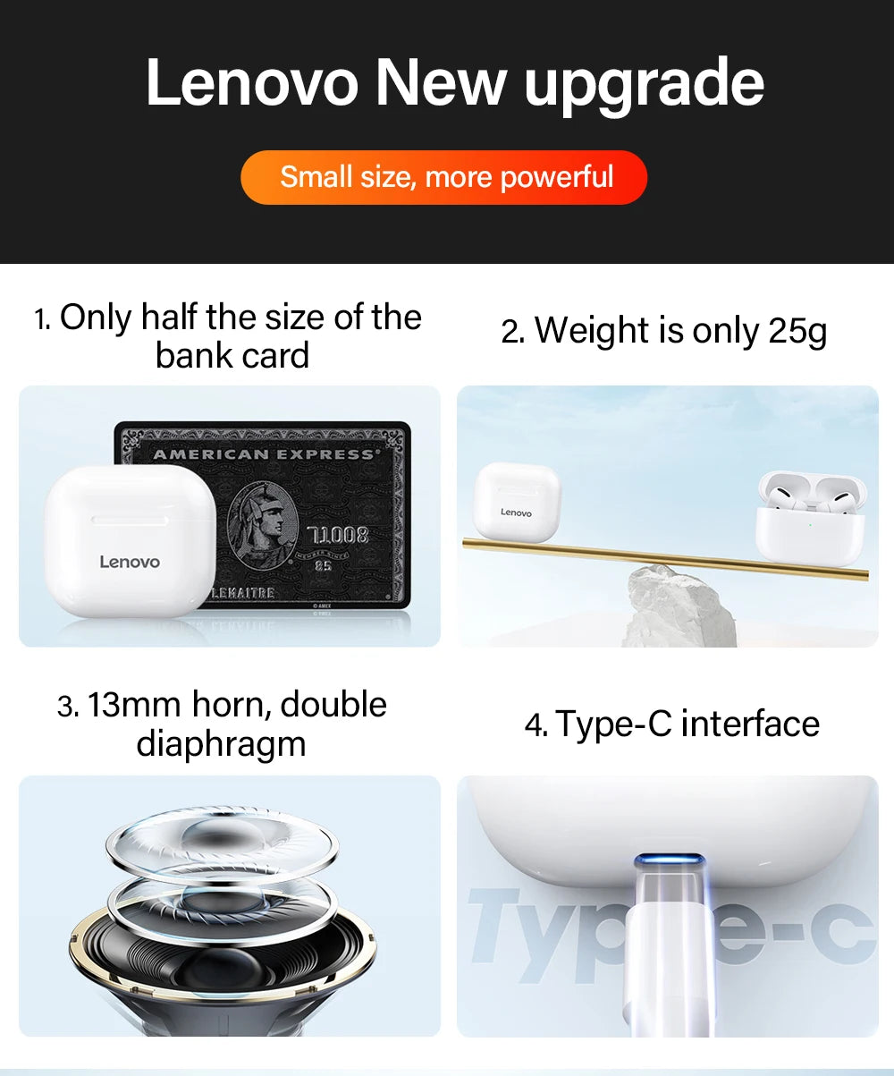Cuffie Wireless Lenovo LP40 TWS Auricolari Bluetooth Controllo Touch Suono Stereo Per Android