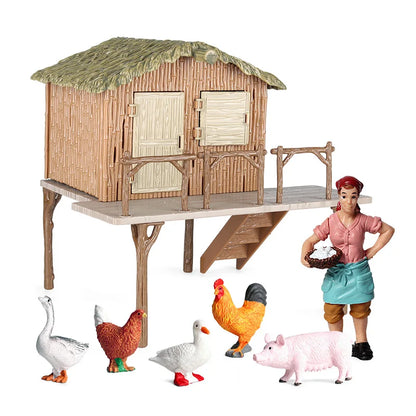 Oenux Farm House Modello Action Figures Agricoltore Moto Mucca Gallina Maiale Animali Set Figurine in miniatura PVC Simpatico giocattolo educativo per bambini