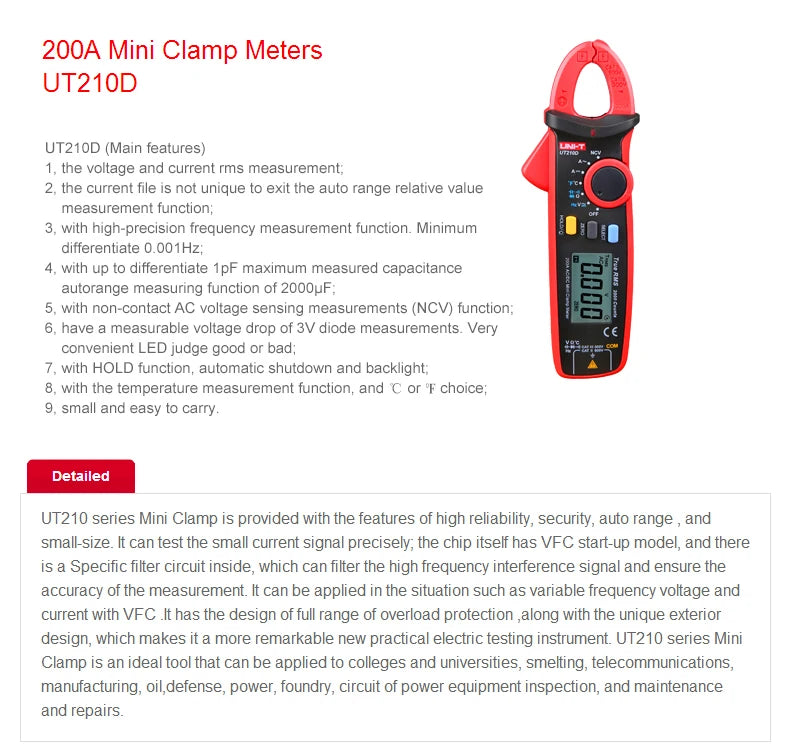 Pinza Amperometrica Digitale UT210E UT210D UT210C Vero Rms Con Misura Corrente CA 2A 20A 100A