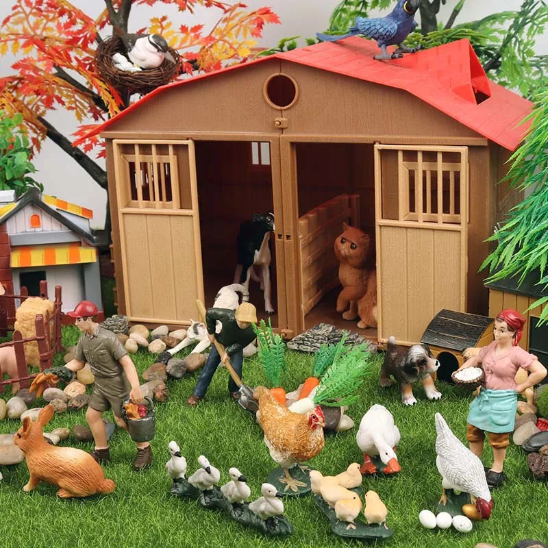 Oenux Farm House Modello Action Figures Agricoltore Moto Mucca Gallina Maiale Animali Set Figurine in miniatura PVC Simpatico giocattolo educativo per bambini