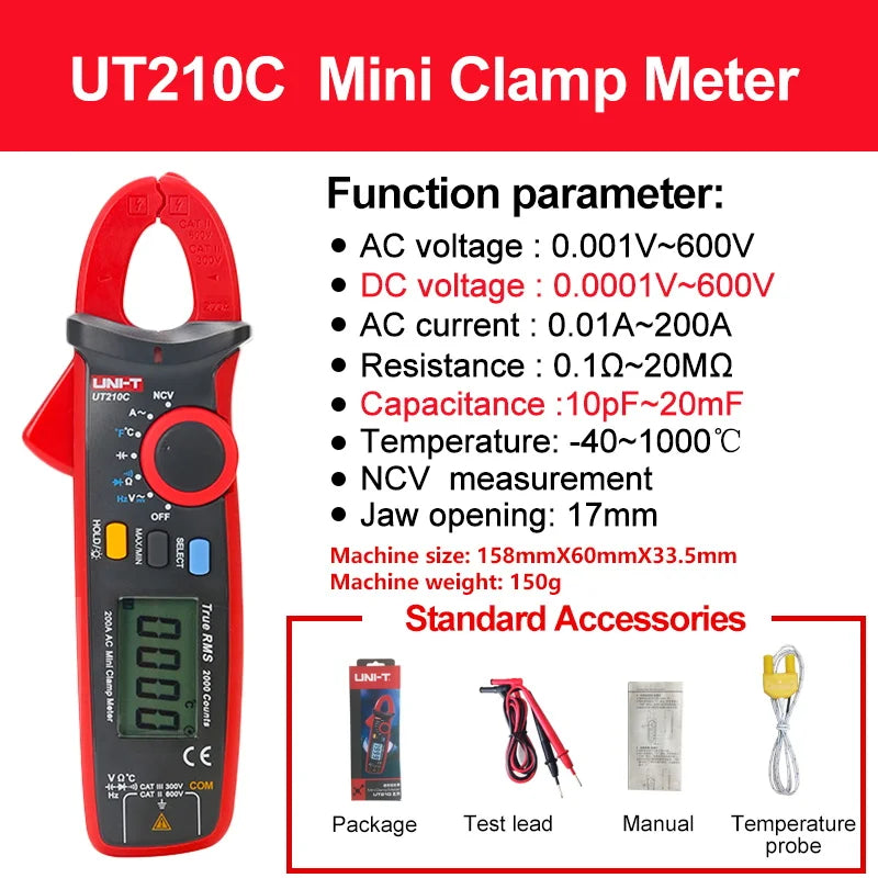 Pinza Amperometrica Digitale UT210E UT210D UT210C Vero Rms Con Misura Corrente CA 2A 20A 100A