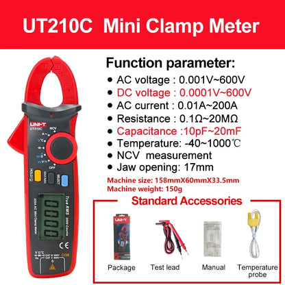 Pinza Amperometrica Digitale UT210E UT210D UT210C Vero Rms Con Misura Corrente CA 2A 20A 100A