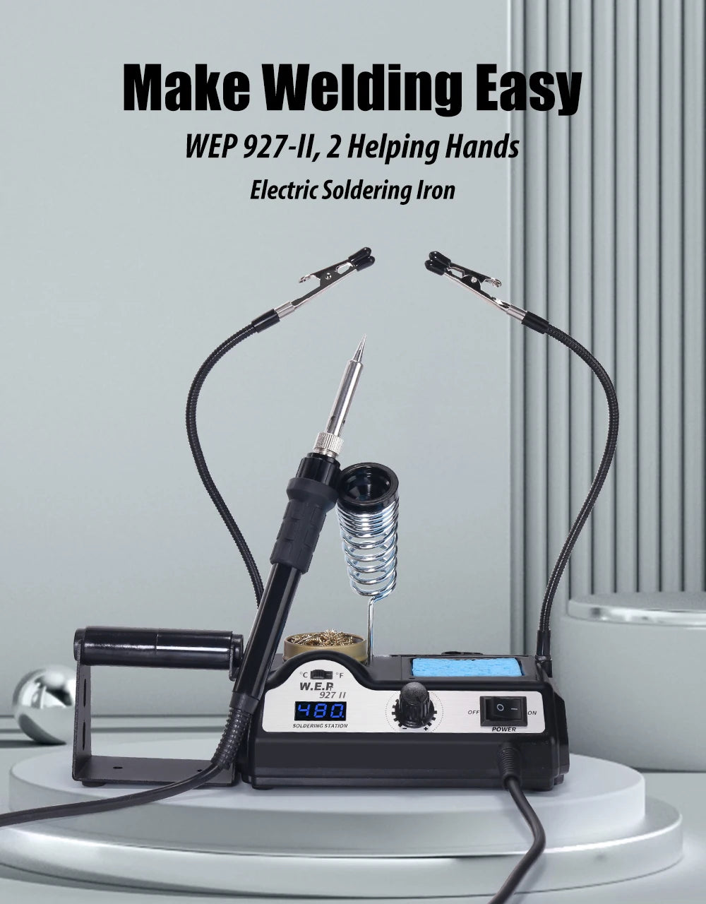 Stazione di saldatura elettrica WEP 927-II 2 Helping Hands con display digitale, kit saldatore da 60W con regolazione della temperatura.