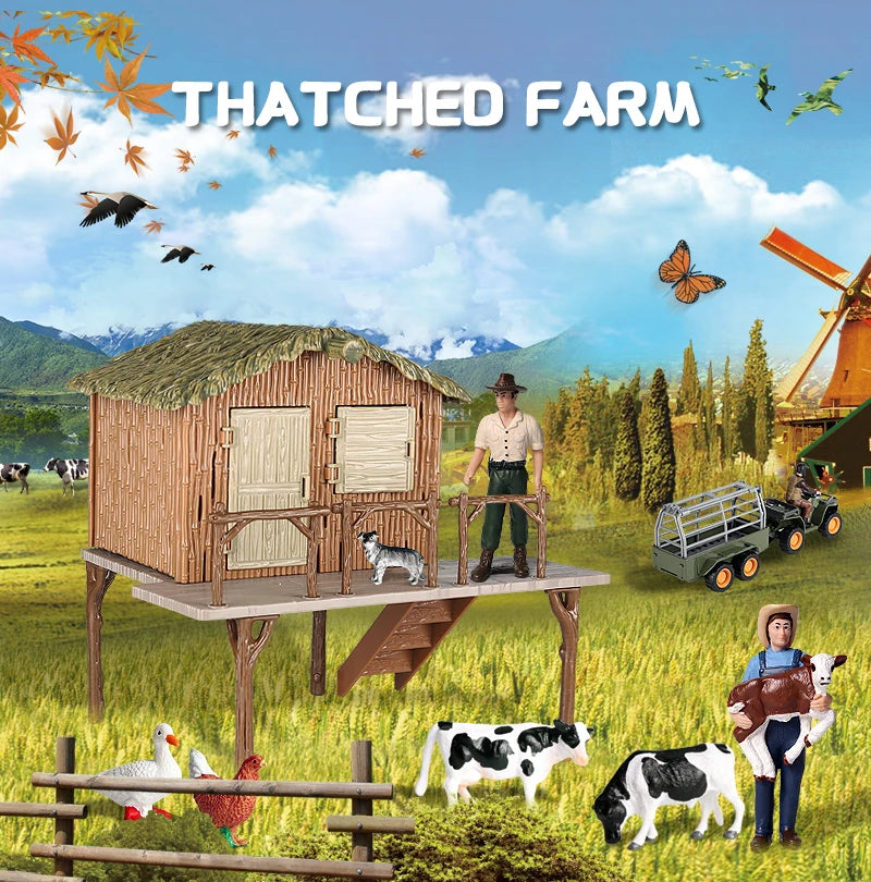 Oenux Farm House Modello Action Figures Agricoltore Moto Mucca Gallina Maiale Animali Set Figurine in miniatura PVC Simpatico giocattolo educativo per bambini