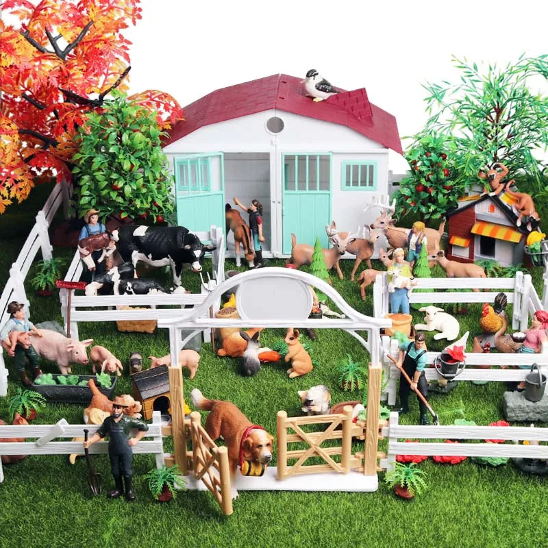 Oenux Farm House Modello Action Figures Agricoltore Moto Mucca Gallina Maiale Animali Set Figurine in miniatura PVC Simpatico giocattolo educativo per bambini