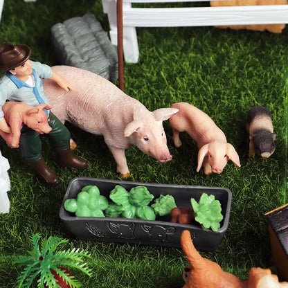 Oenux Farm House Modello Action Figures Agricoltore Moto Mucca Gallina Maiale Animali Set Figurine in miniatura PVC Simpatico giocattolo educativo per bambini