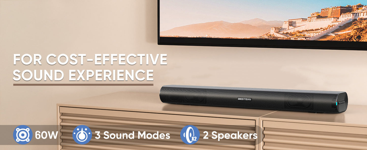 Sistema Soundbar Potente da 60W con Audio Stereo 3D, Modalità di Ingresso BT AUX OPT HDMI USB per TV, PC, Proiettore, Smartphone, Tablet