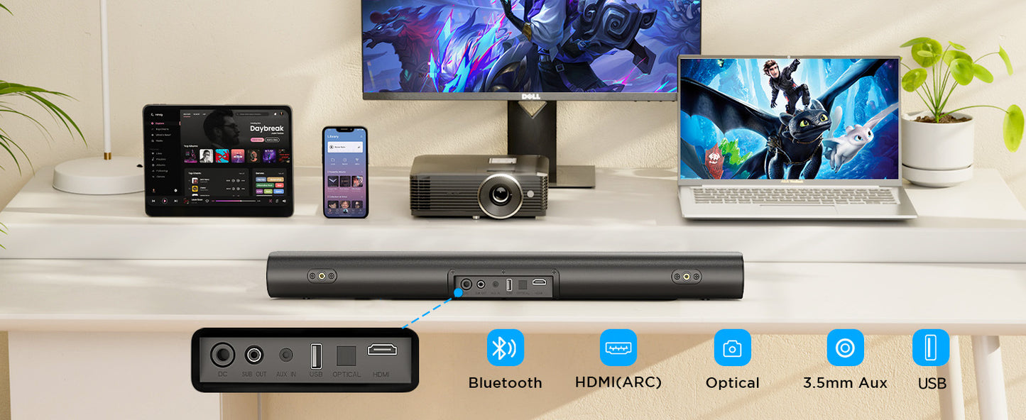 Sistema Soundbar Potente da 60W con Audio Stereo 3D, Modalità di Ingresso BT AUX OPT HDMI USB per TV, PC, Proiettore, Smartphone, Tablet