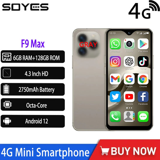 2026 SOYES F9 Max 4G Mini Smartphone 4.3" Android12 Octa-Core 6GB+128GB 2750mAh Tipo-C OTG Face ID WhatsApp BT Esperienza fluida