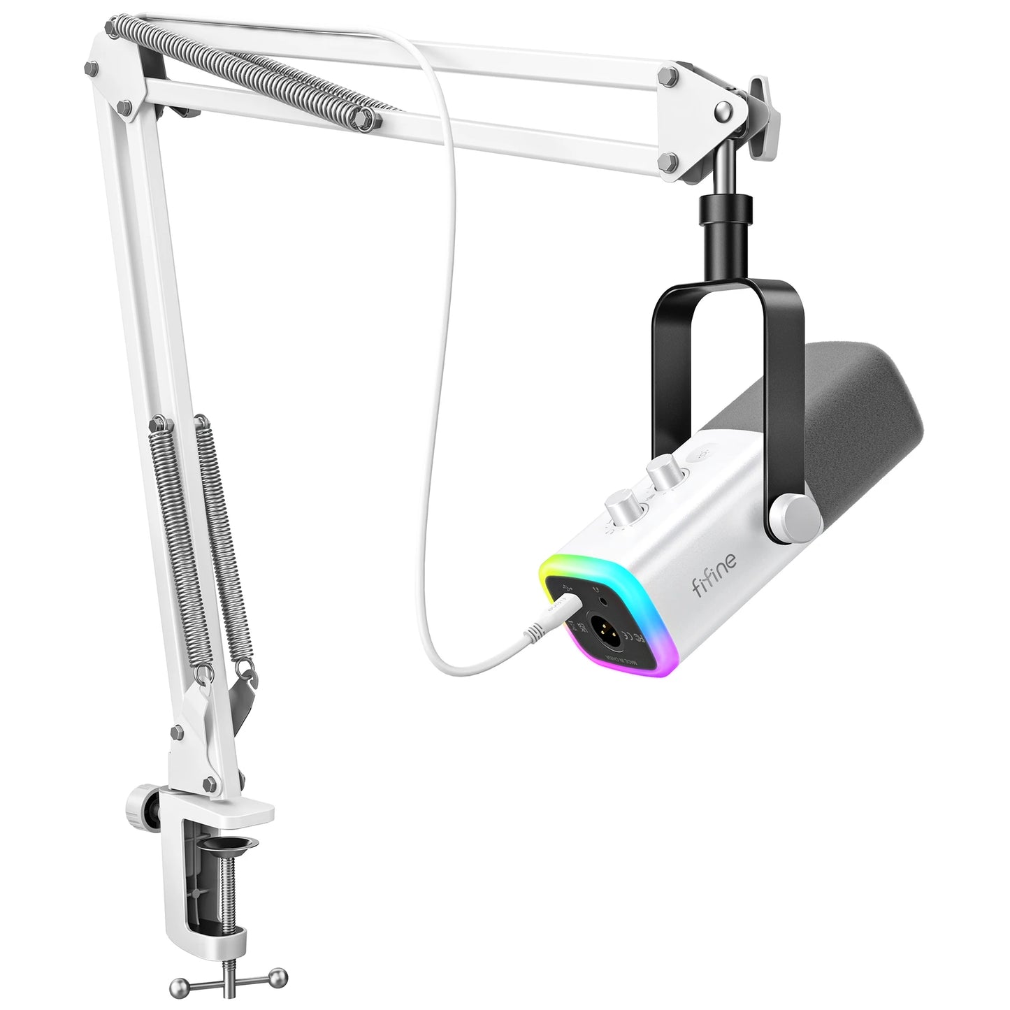 Kit Microfono Da Gioco Fifine Usb Xlr Con Cuffie Braccio Boom Rgb Dinamico Per Pc Ps5 Ps4 Am8tw White