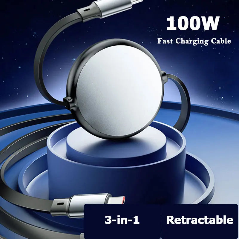 Cavo Retrattile 3 In 1 USB C Lightning Micro USB Ricarica Rapida 100 W 6 A 1,2 m Flessibile