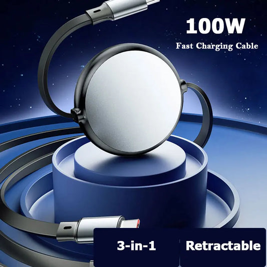 Cavo Retrattile 3 In 1 USB C Lightning Micro USB Ricarica Rapida 100 W 6 A 1,2 m Flessibile