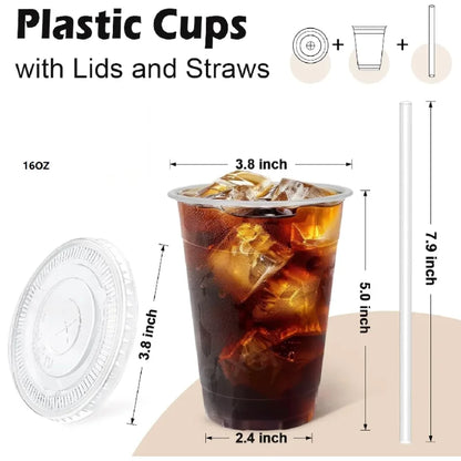 Bicchieri di Plastica Trasparente da 16 oz con Coperchi e Cannucce, Bicchieri di Plastica Usa e Getta con Coperchi per Caffè Freddo, Bevande Fredde, Frullati