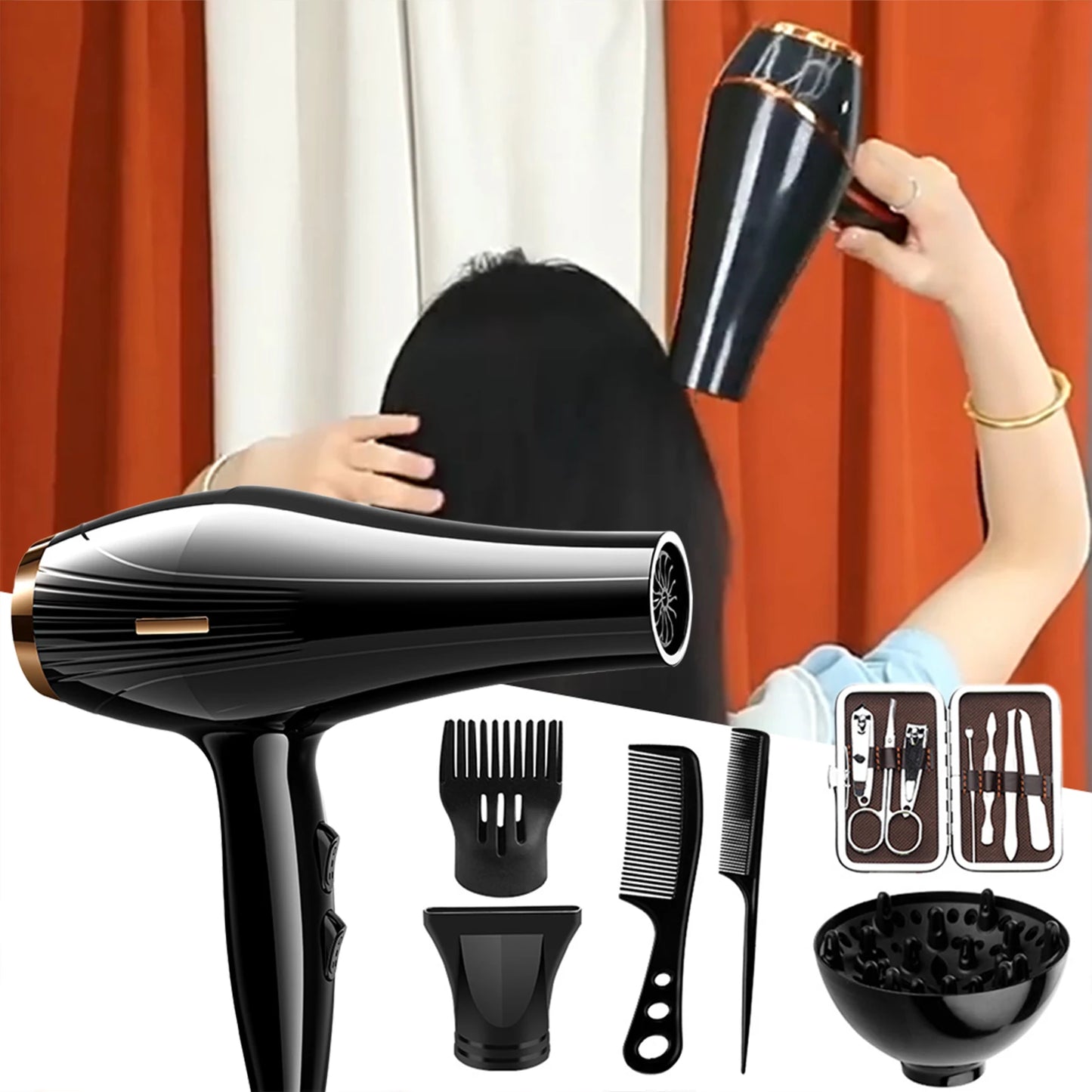 Asciugacapelli 6 in 1 ad alta potenza e basso rumore, potente asciugacapelli a vento caldo e freddo ad asciugatura rapida per lo styling dei capelli in viaggio a casa