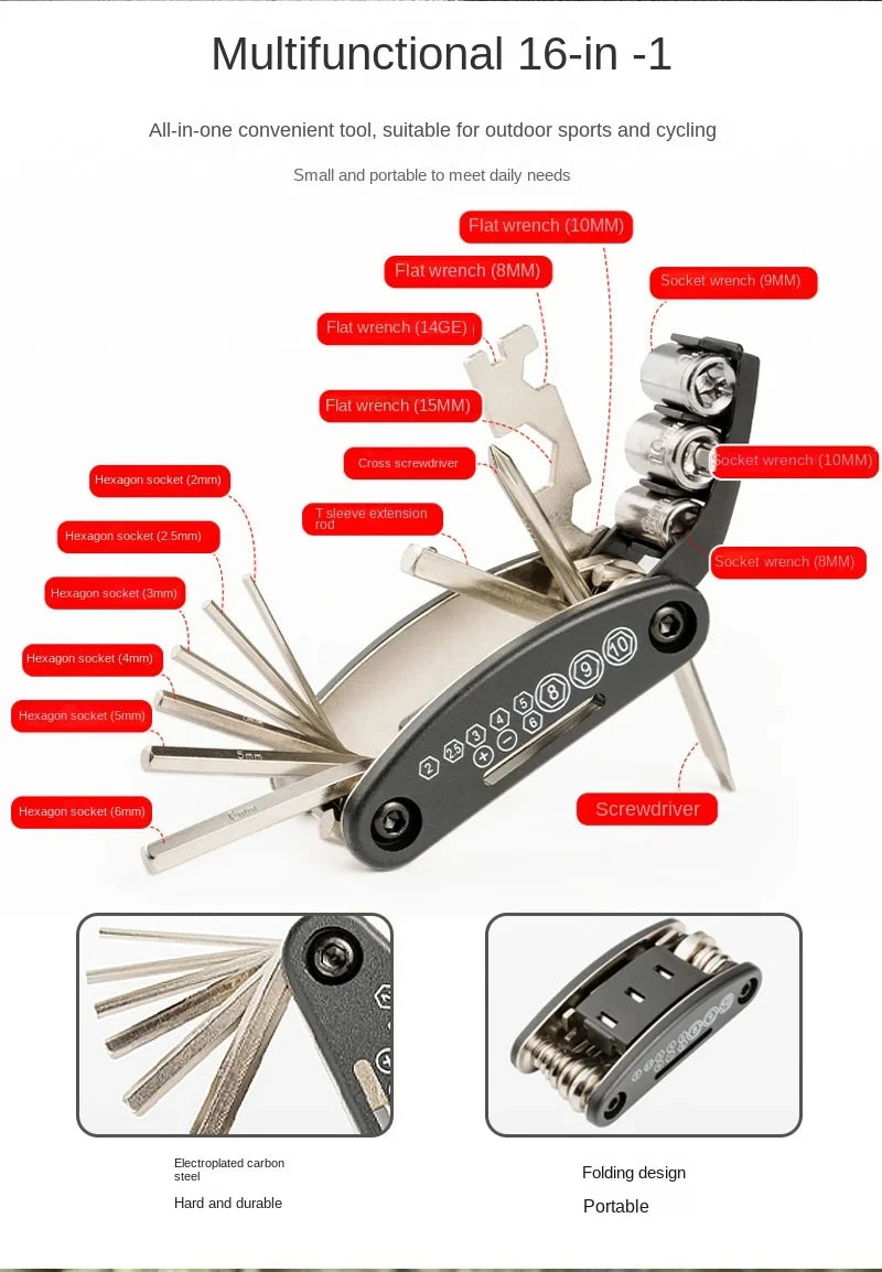 Kit di strumenti di riparazione bici portatile Kit di strumenti di riparazione biciclette Borsa da sella Pompa Patch per pneumatici Set di strumenti chiave multifunzionale Accessori