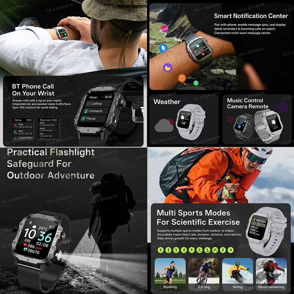2025 Nuova Torcia Elettrica Militare Astuto Della Vigilanza Degli Uomini IP68 5ATM Sport All'aria Aperta Fitness Tracker Monitor di Salute 1.44 Pollici BT Chiamata Smartwatch