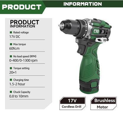 Prostormer Trapano Avvitatore Elettrico Brushless 17V 60 Nm Led Impostazioni 20 e 1 Portatile