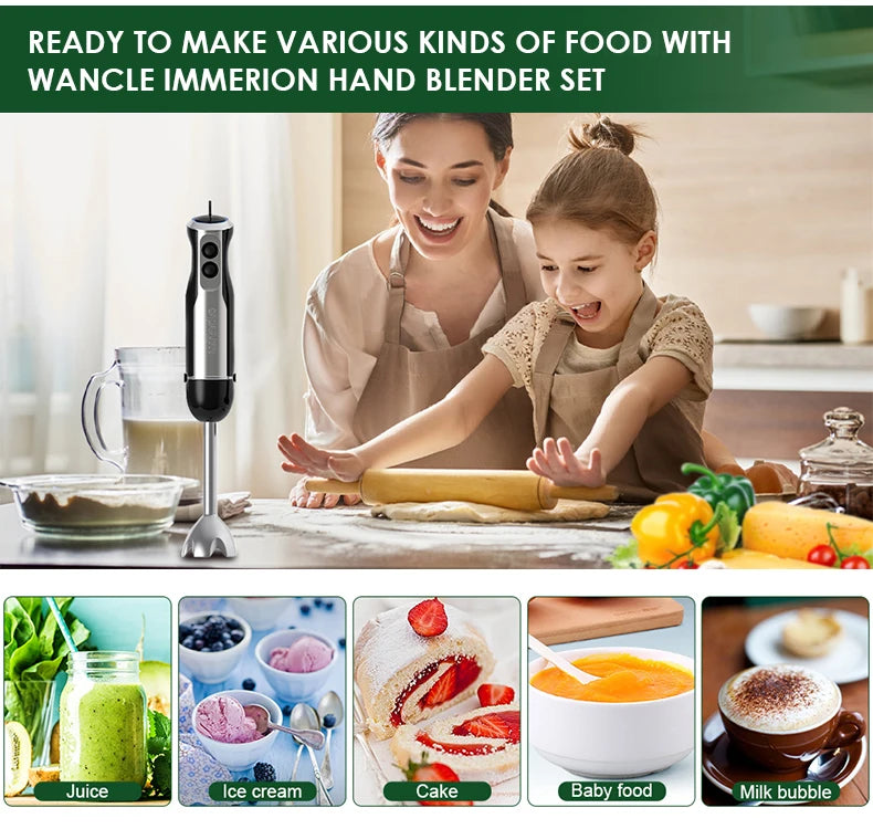 Frullatore Ad Immersione Potente 1000W 5 In 1 Con Frusta, Tritatutto, Ghiaccio E Tazza Per Smoothie