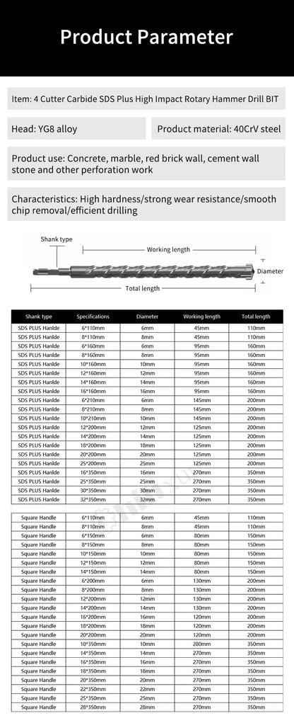 Punte Da Trapano Per Muratura Sds Plus 160 Mm Tipo Croce In Acciaio Al Tungsteno 6 8 10 12 14 16 Mm