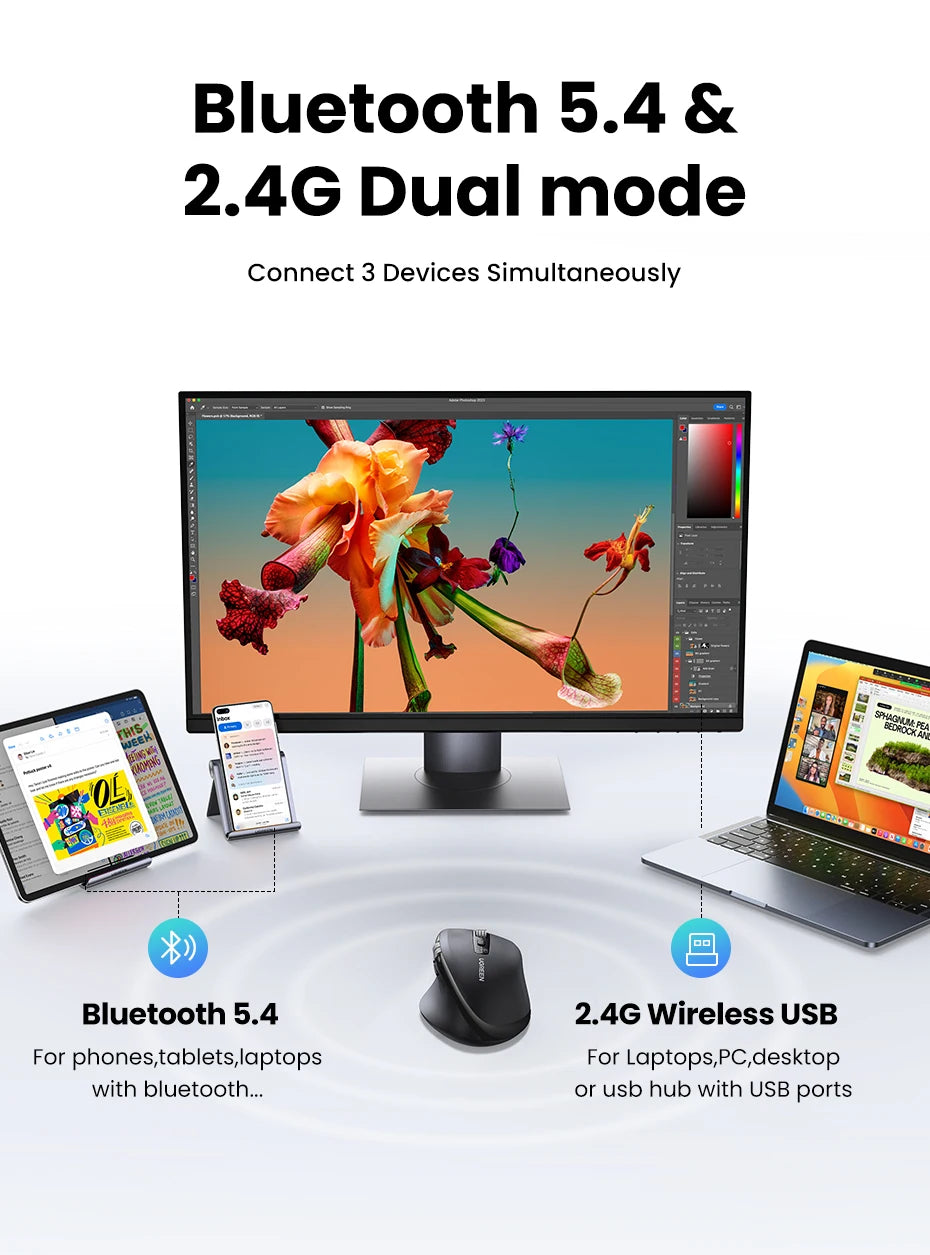 Mouse Senza Fili Ergonomico con DPI 5000 Bluetooth 5.4 e 2.4 GHz MacBook Tablet Laptop PC