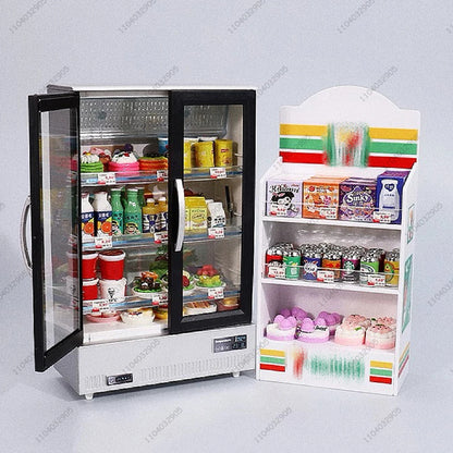 Negozio in miniatura mobili frigorifero congelatore scaffale bevanda fresca articoli alimentari giocattolo Mini artigianato casa delle bambole simulazione Scenario Display