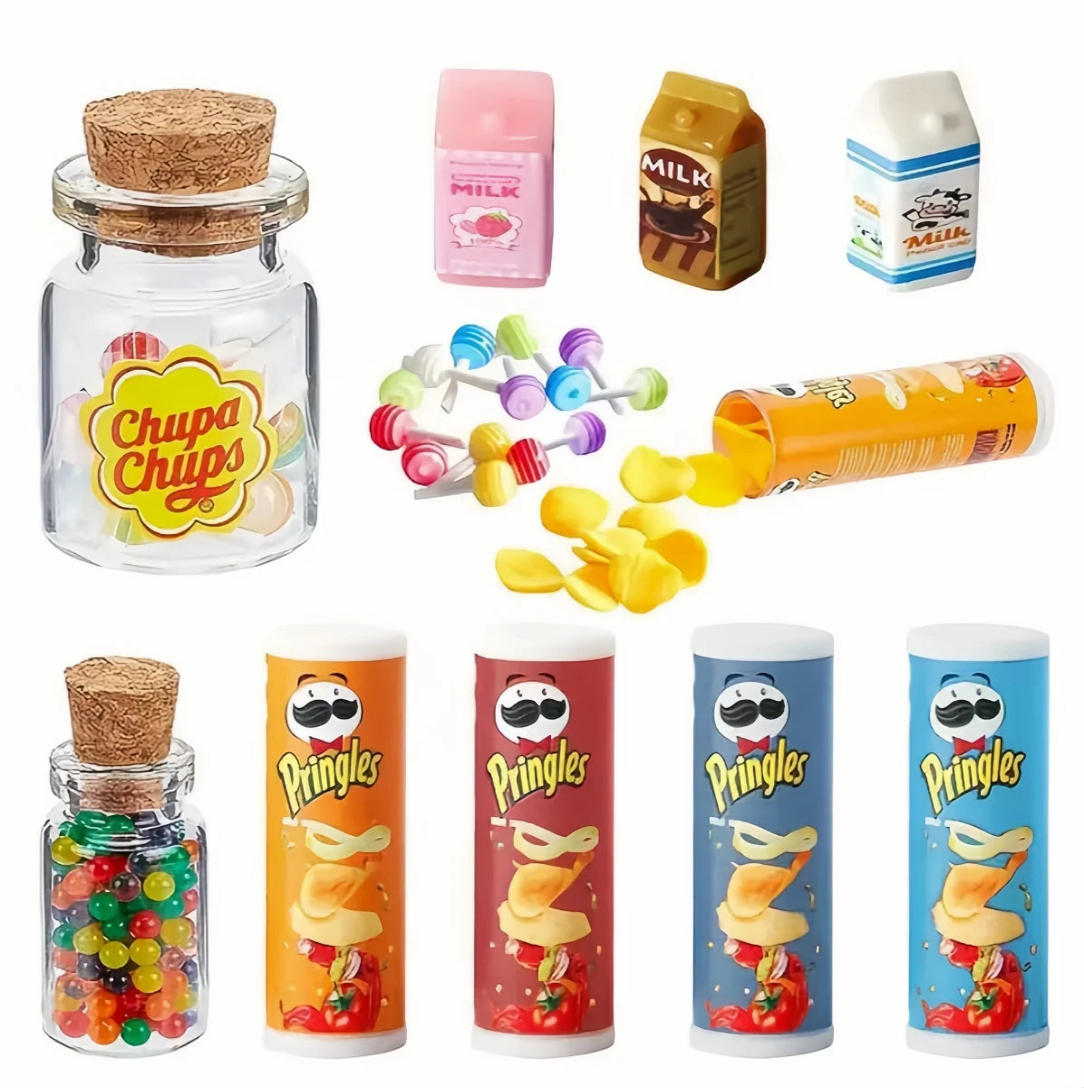 Set Accessori Cucina Miniatura Per Casa Delle Bambole Bevande Cibo Patatine Bottiglie Lecca Lecca Barattoli Decorativi