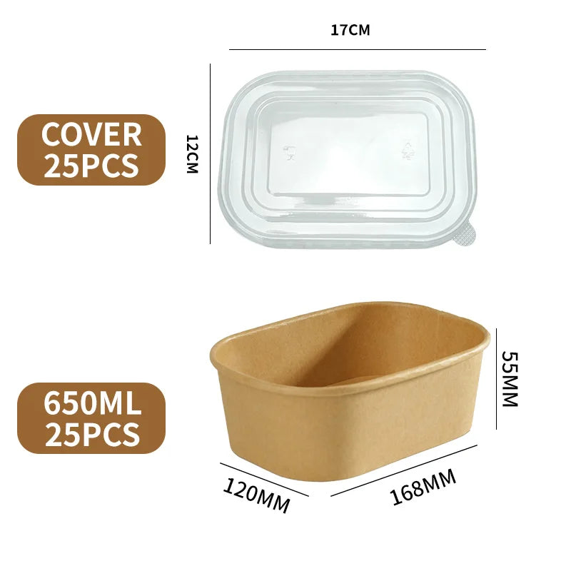25 pz/set Scatole di Carta Kraft Usa E Getta Scatole per il Pranzo con Coperchi Ciotole per Imballaggio di Fast Food Bento Box per la Catering Da Asporto