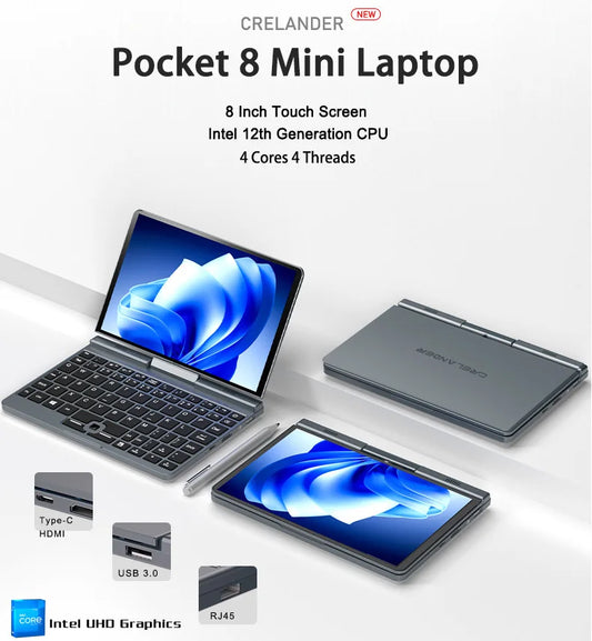 Crelander P8 Mini Laptop Da Gioco 8 Pollici Schermo Touch Intel Alder Lake N100 12GB DDR5 Windows 11 WiFi 6